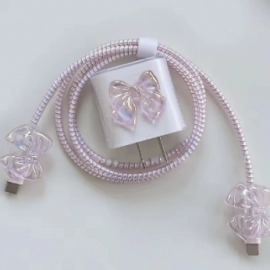 3D Pink Bow Cable Charger Protector Cover For IPhone IPad 18W 20W Original Charger New Data Line Spiral Winder Protective