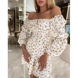 Off Shoulder Ruffle Hem Ditsy Floral Print Dress Slash Neck Long Sleeves Elegant Dresses for Women